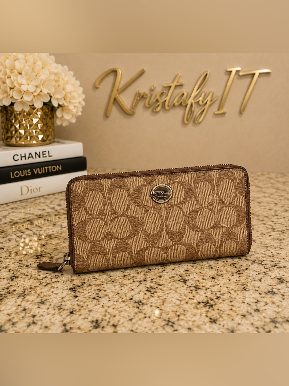 Coach Signature Canvas Zip Around Wallet Khaki Metallic Gold Leather